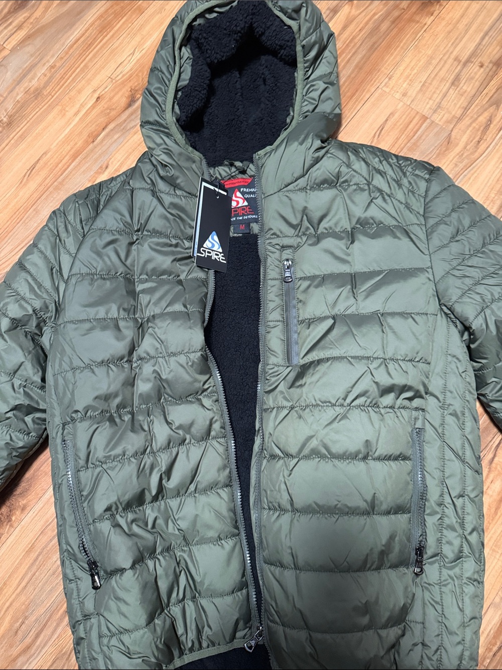 Spire Men's Olive Quilted Hooded Puffer Jacket with Sherpa Lining